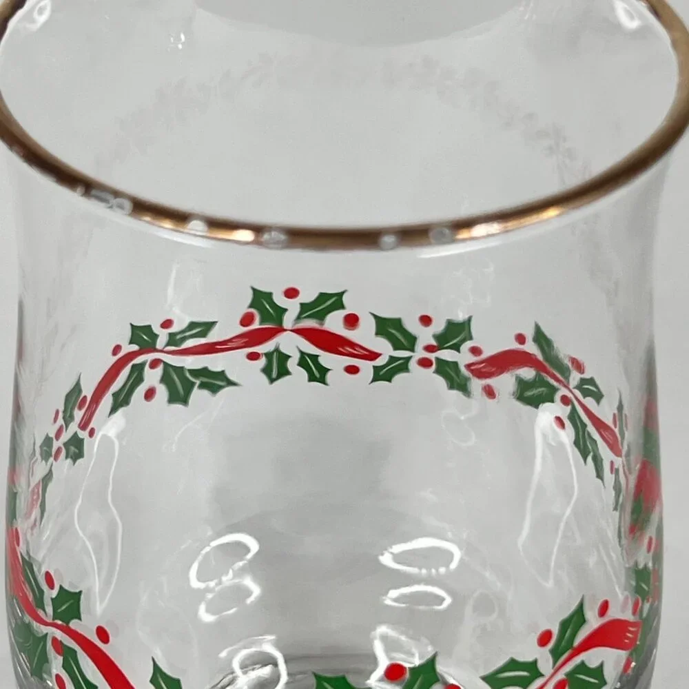 4 Libbey Christmas Holly Berry Glass Red Ribbon Tumbler Tulip Gold Rim 14 OZ VTG